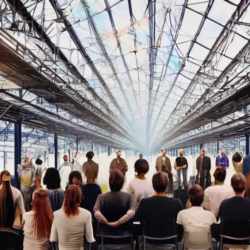 Image similar to large group people in open warehouse, looking at hologram of futuristic city on a table, cinematic still, godrays, golden hour, natural sunlight, 4 k, clear details, tabletop model buildings, tabletop model, ethereal hologram center, crane shot, crane shot, crane shot