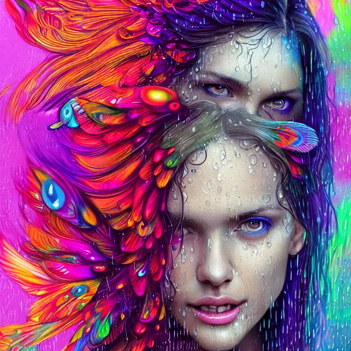 Image similar to bright psychedelic portrait with rain on face and wet hair, wings, smiling, diffuse lighting, fantasy, intricate, elegant, highly detailed, lifelike, photorealistic, digital painting, artstation, illustration, concept art, smooth, sharp focus, art by John Collier and Albert Aublet and Krenz Cushart and Artem Demura and Alphonse Mucha