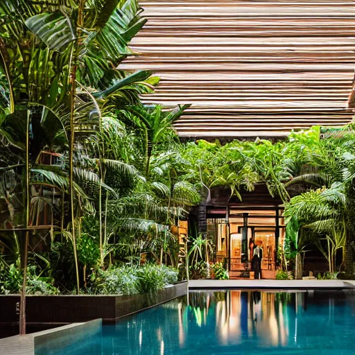 Prompt: The atrium of a refurbished contemporary building filled with tropical plants and lush swimming pool, project by Kengo Kuma, blue hour, cinematic, 4k