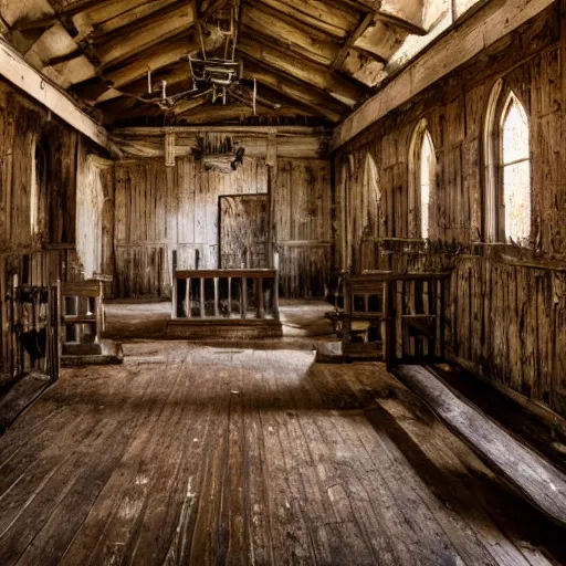 Image similar to shot of a monstruous creature inside of an old wooden church, louisiana, southern gothic,