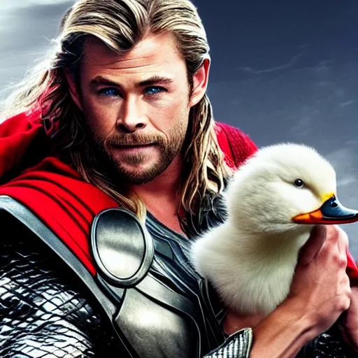 Prompt: chris hemsworth as thor holding a duck, highly detailed, realistic face, 4k, hd