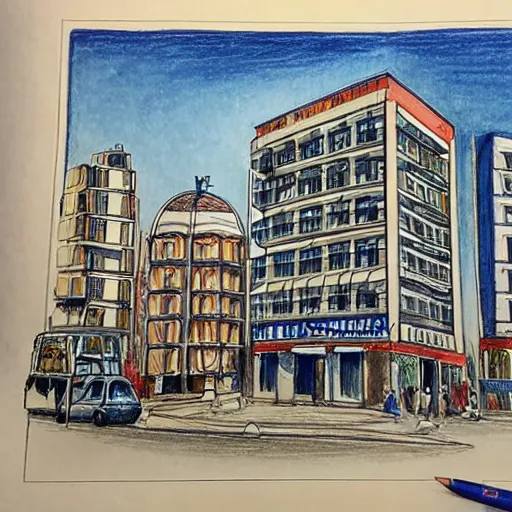 Image similar to drawing of rounded bauhaus buildings in a junction in tel aviv. highly detailed. pen drawing painted with watercolors. colorful