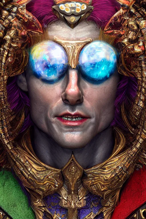 Image similar to a cinematic shot of a hyperdimensional jester, tom cruise, opalescent quartz, gemstone, 4k detailed hyperrealistic digital photo by Andy Thomas, Mario Martinez, Daniel Mirante, Gustave Dore, Artstation, CGsociety, masterpiece