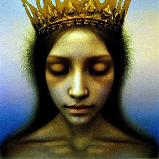 Image similar to young smiling teen queen with long golden hairs in golden crown, very white pale, blue eyes, painting by Beksinski