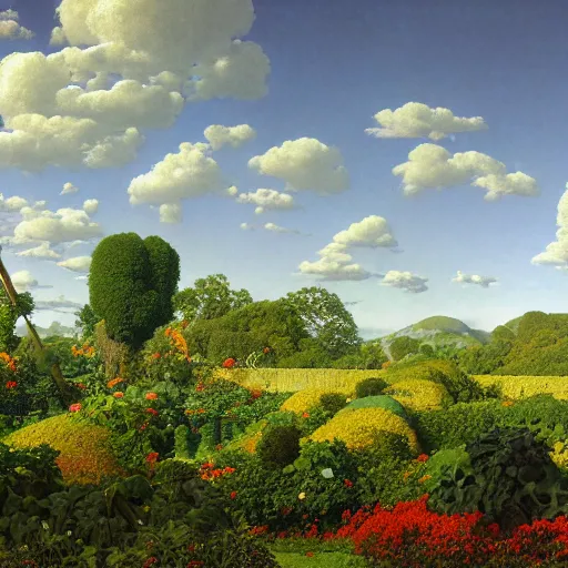 Prompt: highly detailed vegetable garden, lots of leaves, fence line, detailed. rule of thirds. intricate. sharp focus. wide angle. unreal engine 8 k. painting by maxfield parrish. wlop. greg rutkowski.