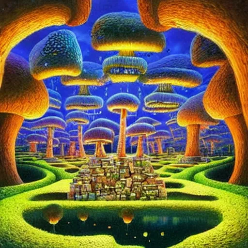 Image similar to glowing mushroom village, art by ricardo bofill, james christensen, rob gonsalves, paul lehr, and tim white