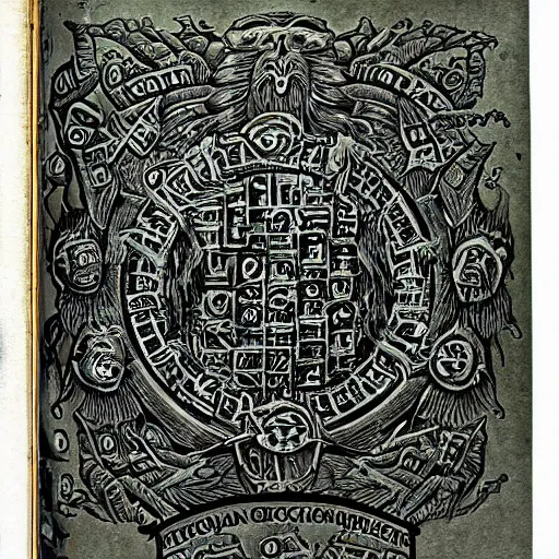 Image similar to necronomicon lost pages, enochian language, high details