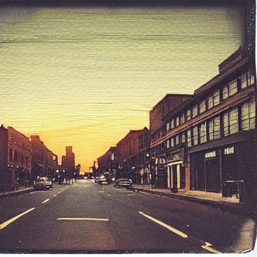 Prompt: low angle wide shot of busy Night Vale street, angels do not exist, sunset, polaroid photo, by Warhol,