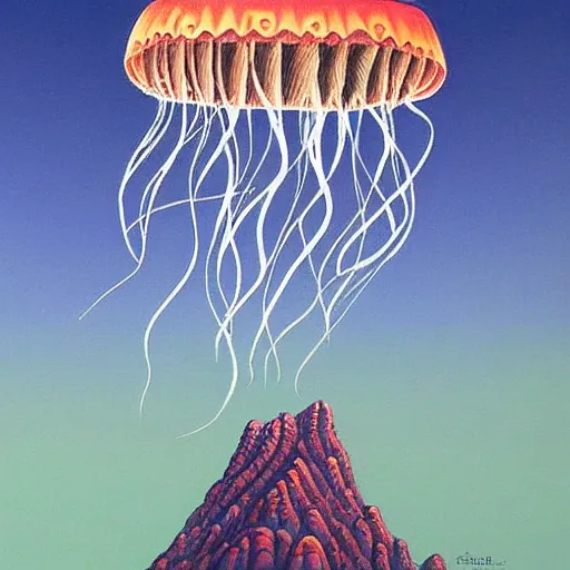 Image similar to jellyfish jumping up a mountain, alex gray