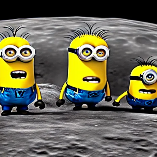 Image similar to macro photo of minions fighting on the moon, ultra realistic