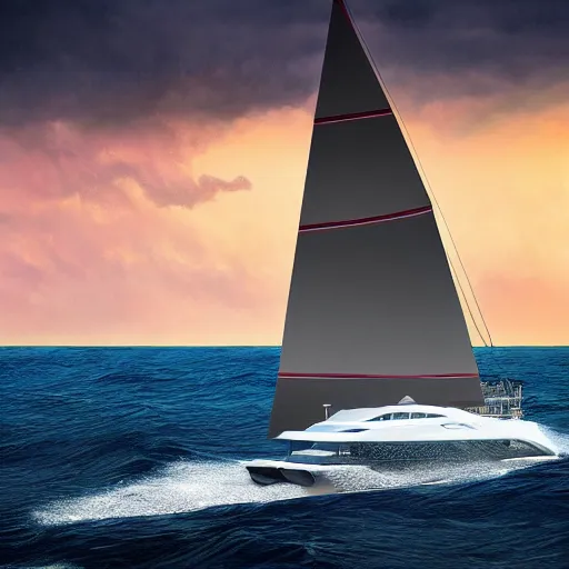 Image similar to catamaran yacht on the ocean during a storm painting, 4 k, hyper realistic, dslr, high resolution, landscape, beautiful