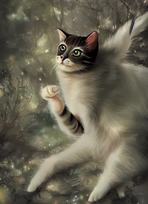 Prompt: beautiful cat, beautiful lightness, anatomically correct, trending on pixiv, forest