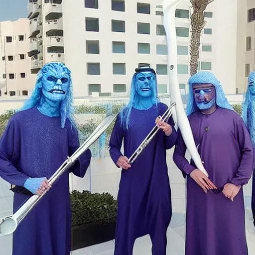 Prompt: a white walker llaying trombone in dubai