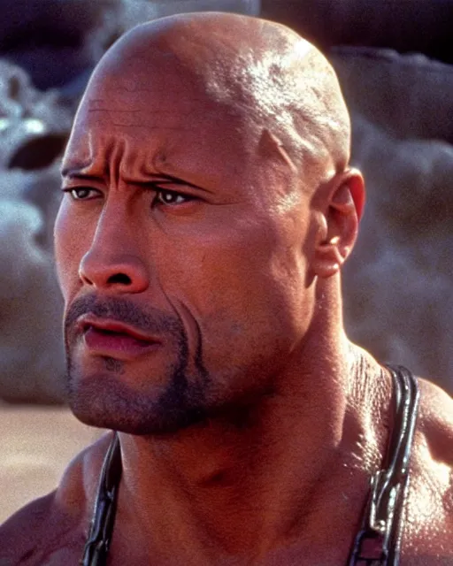 Image similar to film still close up shot of dwayne johnson as max rockatansky in the movie mad max 2 the road warrior. photographic, photography