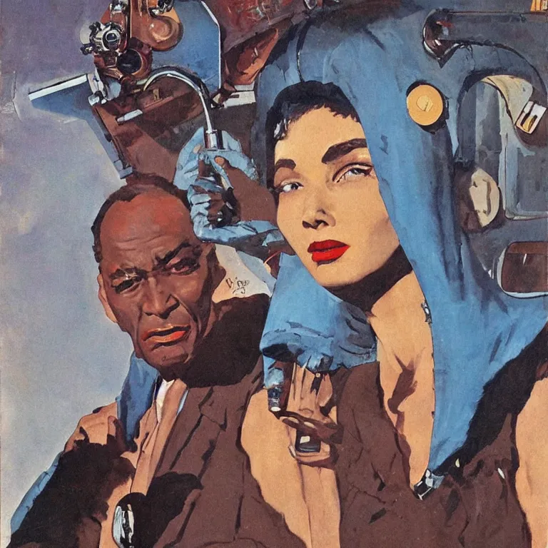 Prompt: scifi portrait of old blues singer by Robert McGinnis, pulp comic style, circa 1958, photorealism