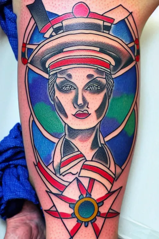 Prompt: American traditional tattoo of a sailor, detailed line work, bright colors, tattoo by Tony BLUEARMS