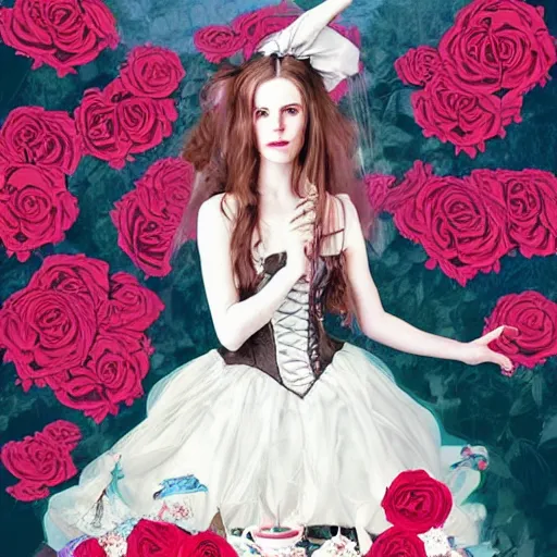 Image similar to Alice in Wonderland at the tea party, she looks like a mix of grimes, Aurora Aksnes and Lana Del rey, childlike, billowing elaborate hair and dress, strings of pearls, surrounded by red and white roses, digital illustration, inspired by a stylistic blend of Aeon Flux, Japanese shoujo manga, and John singer Sargent paintings, hyper detailed, dreamlike, otherworldly and ethereal, delicate, flower petals, super photorealistic, iridescent, prismatic light, extremely fine inking lines