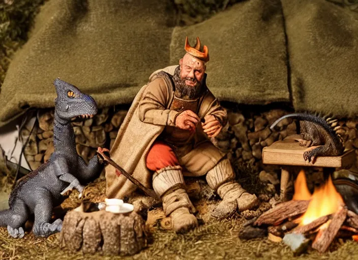 Prompt: diorama of a medieval farmer sitting beside a camp fire with his pet dinosaur