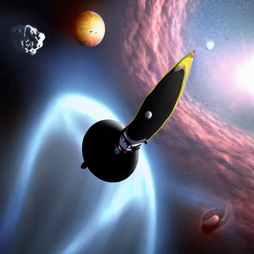 Image similar to photorealistic spacecraft, blackhole in background