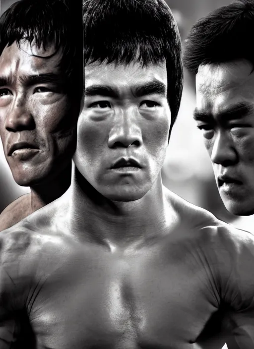 Image similar to Film poster Arnold Schwarzenegger VS Bruce lee , faces look at each other, detailed and realistic, 4k, filmic render