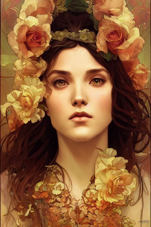 Prompt: close up portrait of goddes of rose, digital illustration, dramatic lighting, by artgerm and greg rutkowski and alphonse mucha