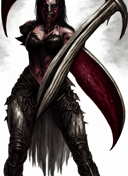 Image similar to female vampire warrior holding a monstrous zweihander, full portrait, sharp teeth, smiling, muscular, flying, barefoot, foot wraps, exposed toes, black heavy armor, realistic armor, metal mask, in the style of ghostblade, wlop, modern fantasy, regular proportions.