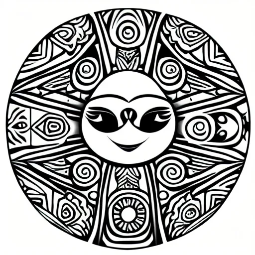 Prompt: tattoo sketch of a cat with one eye, smiling sun, maori ornament, polinesian style, minimalism, line art, vector