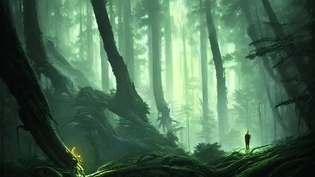 Image similar to alien, lost in the forest, detailed digital art by greg rutkowski.