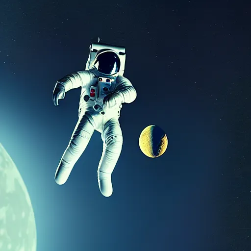 Image similar to an astronaut from the 60s with a tether floating towards the moon, science fiction industrial hard science concept art, 8K render octane high definition cgsociety