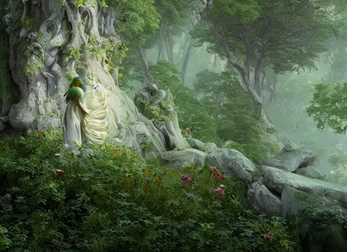 Image similar to an idealistic marble statue with fractal flowery hair and fair porcelain face and green eyes, in a magical forest, painted by, mc escher, gordon onslow ford, georgia o'keeffe and ivan aivazovsky, cinematic light, god rays, colourful, unreal engine, zbrush central,