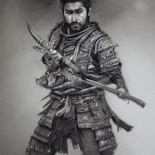 Image similar to Kurdish samurai, detailed charcoal sketch, realistic, incredibly detailed, award winning art, cinematic, extremely high detail, concept art, 4k fantasy art, trending on artstation