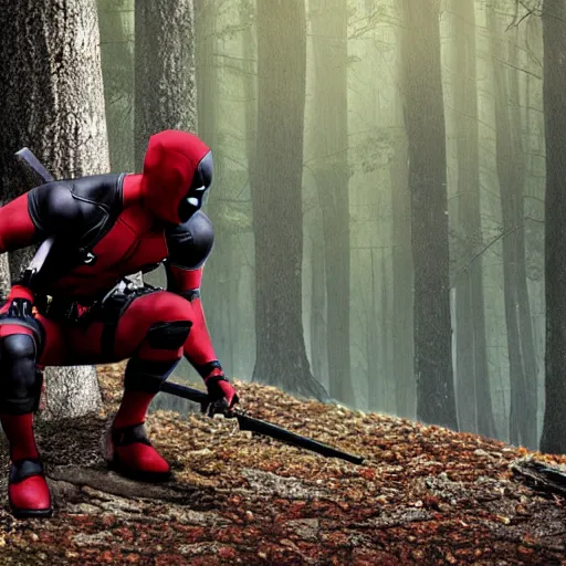 Image similar to deadpool and batman in the woods digital art 4 k detailed super realistic