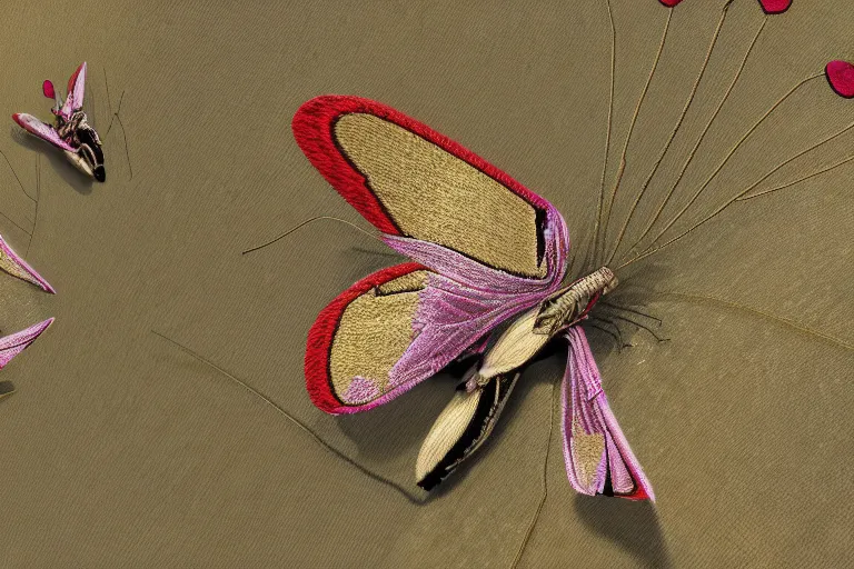 Prompt: macro photograph of a mechanical butterfly with embroidered silk wings | extreme closeup | diaphanous silk | soft colors | by Vermeer | unreal engine | featured on Artstation