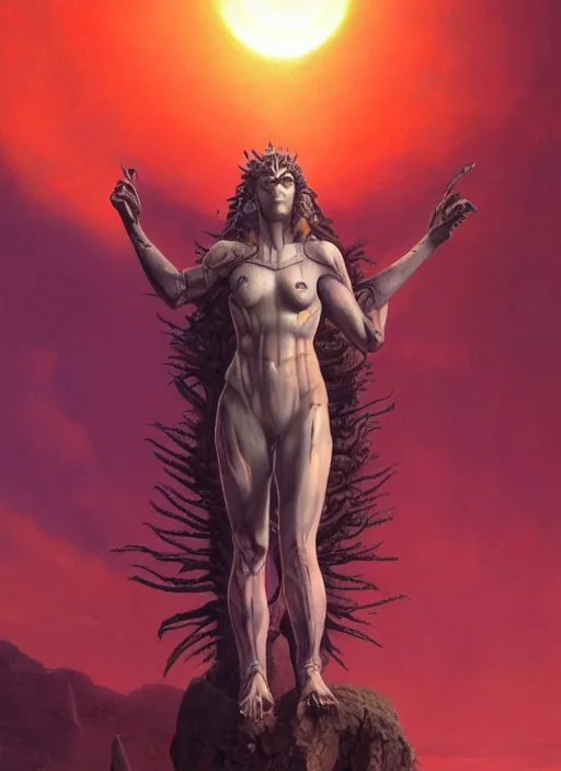 Prompt: biblical beautiful female druid android, shiva, glowing veins, in clouds, sunset, mecha, portrait by wayne barlowe, by peter elson, muted colors, by frank frazetta, extreme detail, reflections, trending on artstation, 8 k