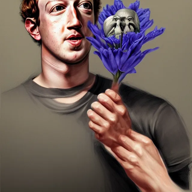 Prompt: mark zuckerberg holding a flower by hr giger, trending on artstation, realistic, detailed, concept art, horror, illustration