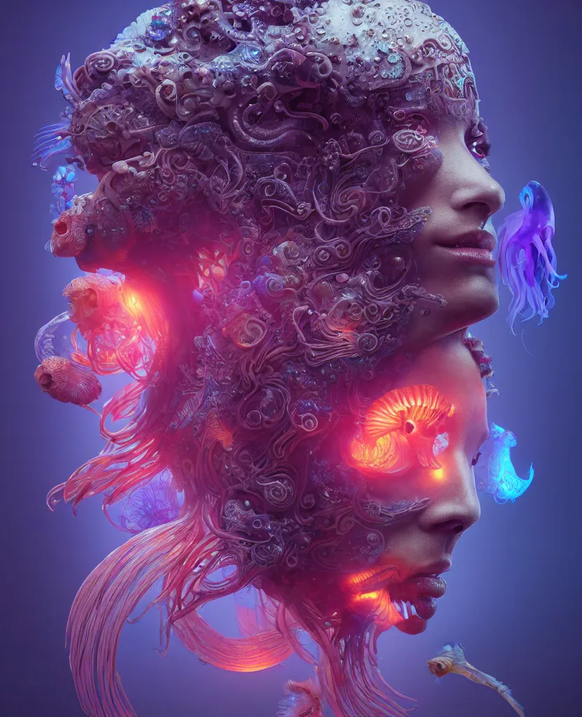 Image similar to goddess close-up face portrait. chimera orchid jellyfish phoenix head, nautilus, skull, betta fish, bioluminiscent creatures, intricate artwork by Tooth Wu and wlop and beeple. octane render, trending on artstation, greg rutkowski very coherent symmetrical artwork. cinematic, hyper realism, high detail, octane render, 8k