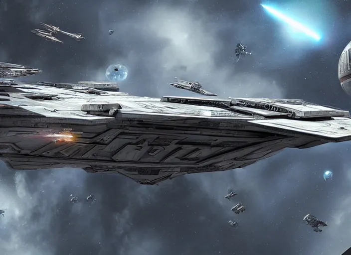 Image similar to a single large spaceship seen from the surface of a busy metropolis, star wars digital art