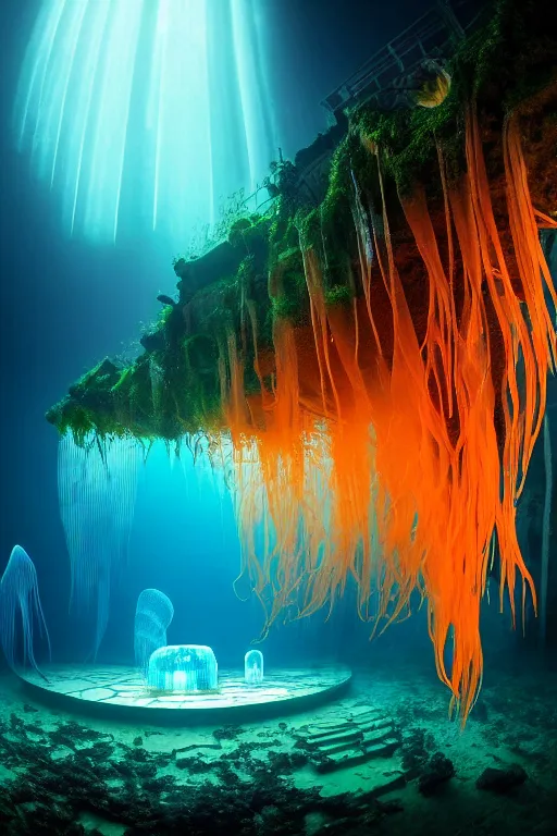 Image similar to high quality photo of cinematic underwater dystopian neo - gothic cathedral ruins with giant luminescent colorful aquatic plants and jellyfish, digital art masterpiece, aykut aydogdu eric zener, dramatic volumetric light, long shot, ground angle uhd 8 k, sharp focus