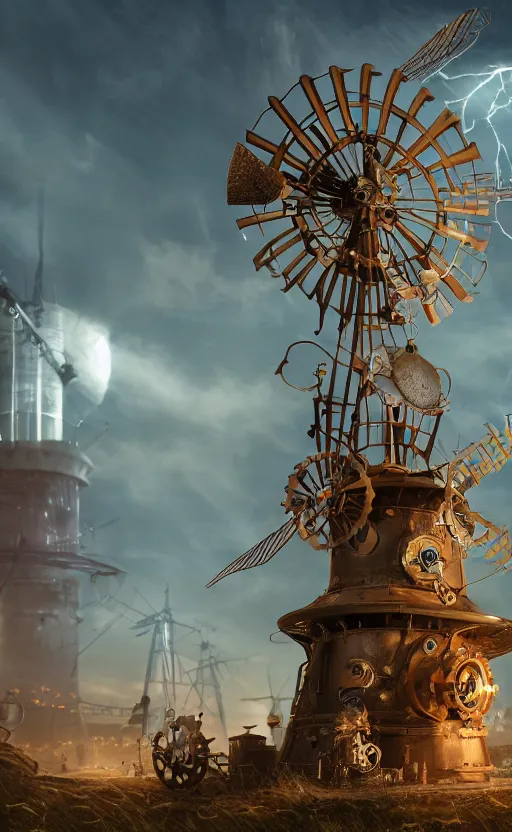 Prompt: a steampunk windmill, robot, ash, electricity lightning, concept art, sharp focus, intricate details, highly detailed, photorealistic, disney pixar, octane render, iridescent, anime, 8 k