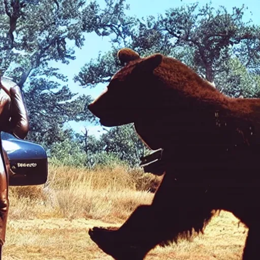 Image similar to a terminator android dressed as a cowboy while mounting a bear, 8 k, movie still, high detail, hyperrealistic