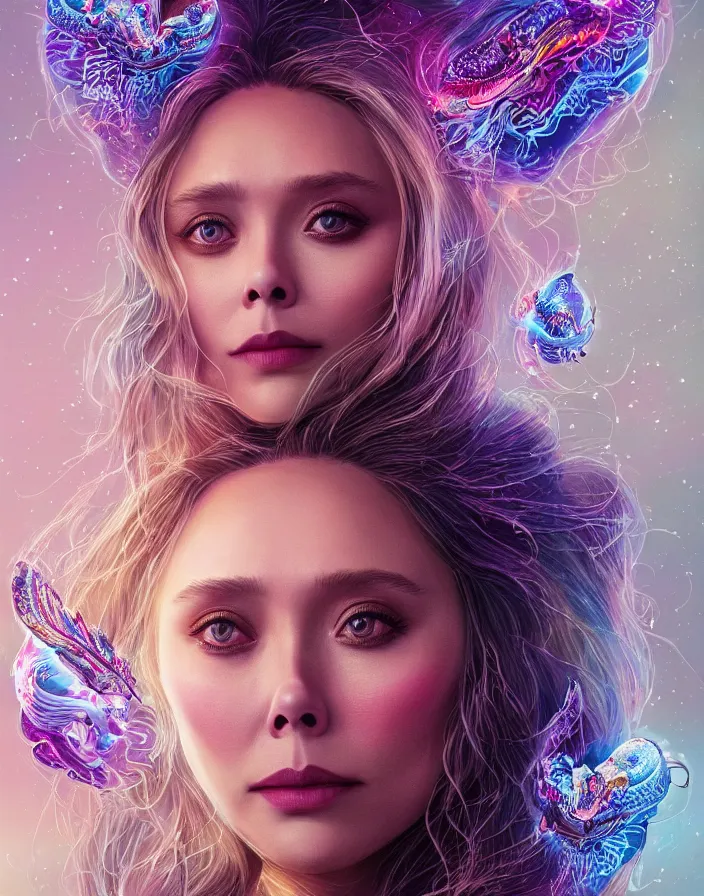 Prompt: goddess portrait of Elizabeth Olsen. burning water distortions. intricate abstract ornament. jellyfish butterfly phoenix head. intricate artwork by Tooth Wu and wlop and beeple and dan mumford. octane render, trending on artstation, greg rutkowski very coherent symmetrical artwork. cinematic, hyper realism, high detail, octane render, 8k, depth of field, bokeh. iridescent accents