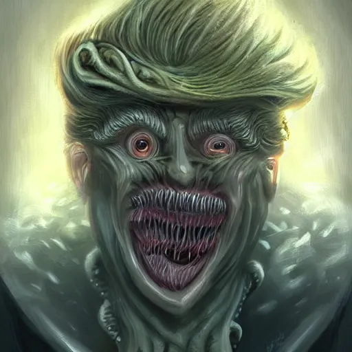 Image similar to donald trump turning into a horrible horrific cthulu lovecraftian monster in the style of greg rutkowski