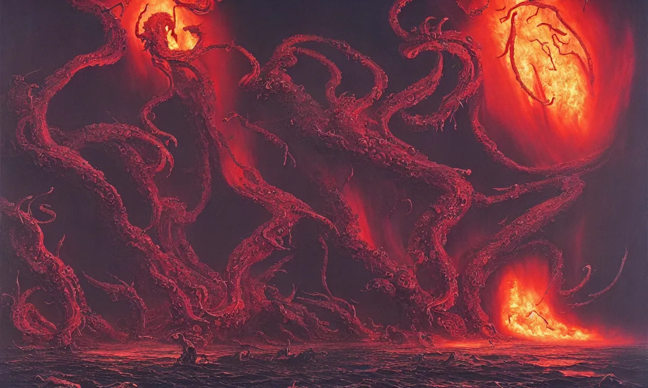 Image similar to painting by wayne barlowe. the swirling portal in the ocean erupts violently with fire and brimstone with hellacious abominations flying out of the portal in droves. photorealistic. intricate details. 3 5 mm photograph. dramatic lighting. action shot. absolute focus. masterpiece.