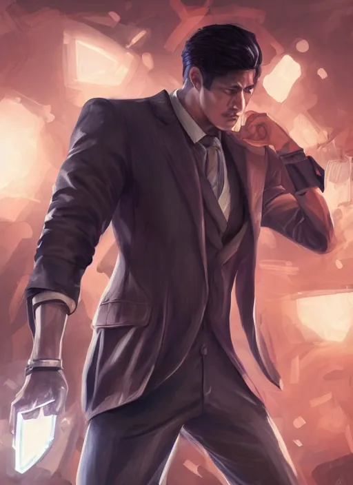 Prompt: a highly detailed illustration of Daniel Matsunaga as serious detective wearing detective coat, glowing eyes, dramatic standing holding closed book pose, infinite space library background, muscular, intricate, elegant, highly detailed, centered, digital painting, artstation, concept art, smooth, sharp focus, league of legends concept art, WLOP