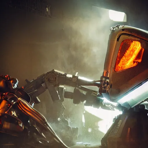 Image similar to head of toaster oven mecha, dark messy smoke - filled cluttered workshop, dark, dramatic lighting, orange tint, cinematic, highly detailed, sci - fi, futuristic, movie still