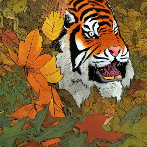 Prompt: a highly detailed portrait of cartoon tiger, sweating and flapping fan, autumn leaves on the ground, concise lines, ultradetailed environment, sharp focus, cinematic lighting, character art, 8 k, by alphonse maria mucha and kim jung gi
