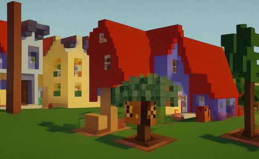 Image similar to a Minecraft village, painting by Edward Hopper