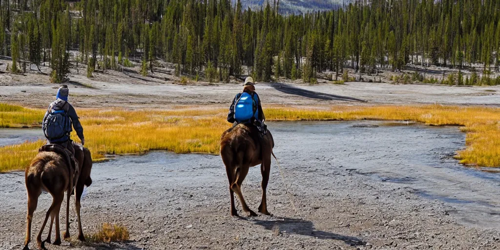 Image similar to hiker riding moose in yellowstone with prismatic spring in background
