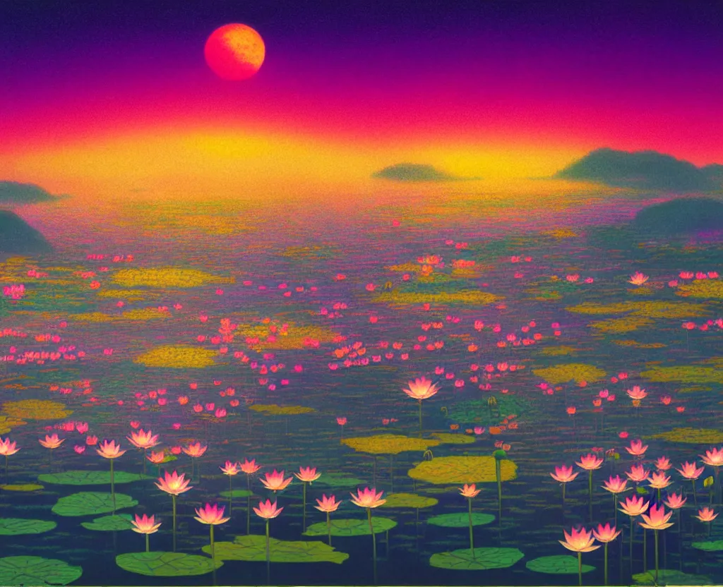Image similar to a landscape pastel in the style of noriyoshi ohrai of a field of lotus flowers, glowing with iridescent mana, night time early dawn. key art. 4 k retrofuturistic fantasy