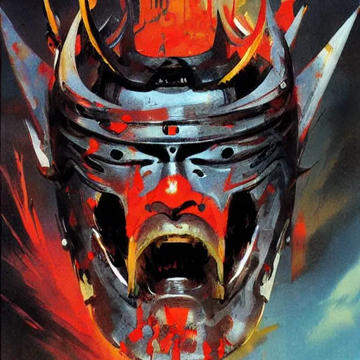 Image similar to samurai mask on hell by by john berkey and mario feng